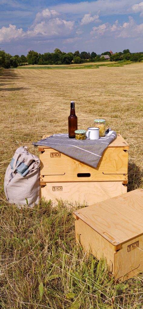 Die FridayBOX als Tisch und Campinghocker beim Picknick auf dem Stoppelacker